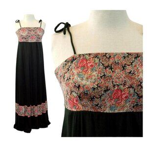 1960s maxi dress boho peasant dress long black pink paisley floral empire waist
